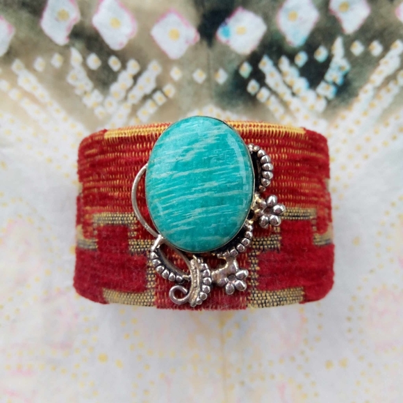 ❤ Artisan Amazonite Gemstone Kilim Cuff Bracelet, Real Silver! - Picture 7 of 13
